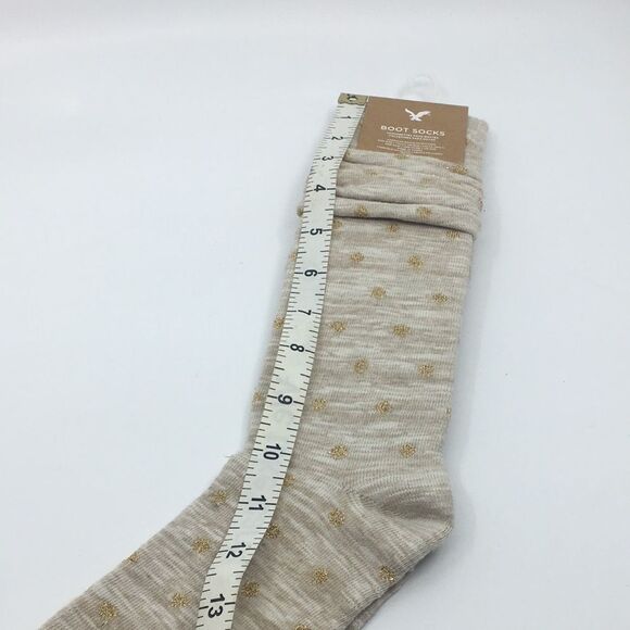 American Eagle Tan and Metallic Gold Polka Dot Boot Tall Cotton Blend OSFA Socks - Picture 9 of 12